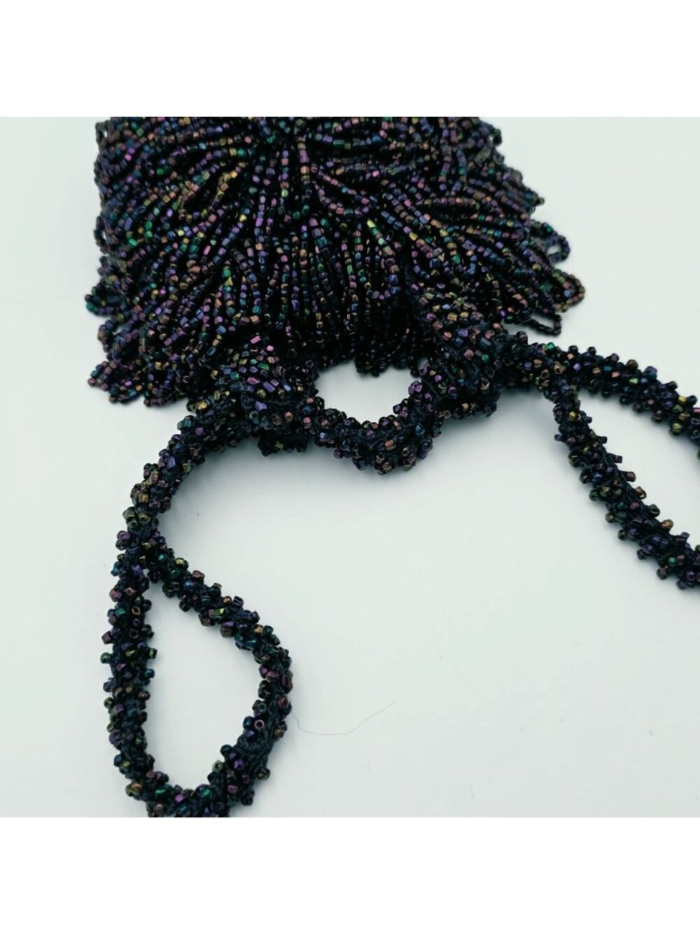 1930s  Handcrafted Beaded Black Iridescent Evening Bag With Fringe Detail - Picture 5 of 6